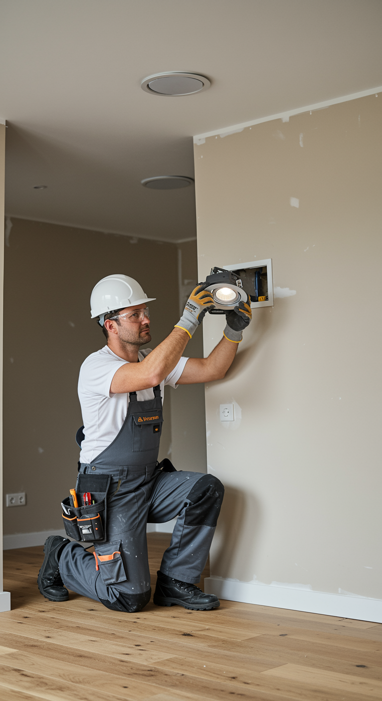 "Electricista instalando un downlight LED en una sala de estar recién renovada, con paredes pintadas y suelos de madera."